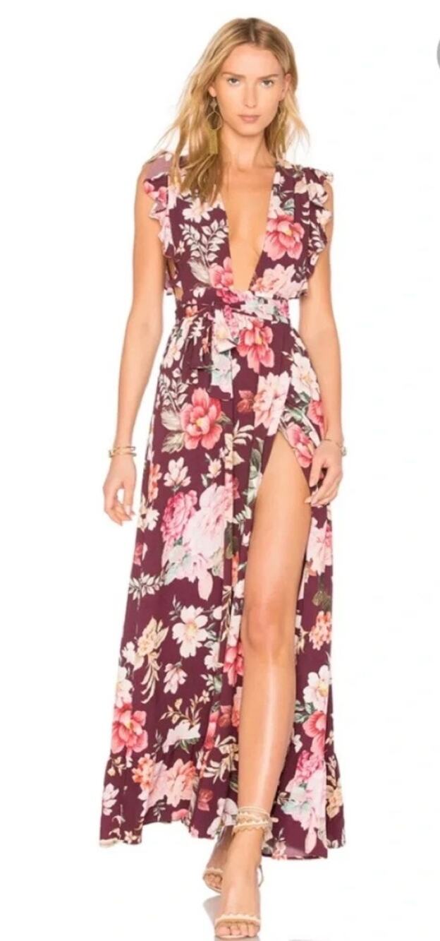 Majorelle Sweet Pea Plunge Maxi Dress Ruffle Sleeve Burgundy Floral Sz XS New